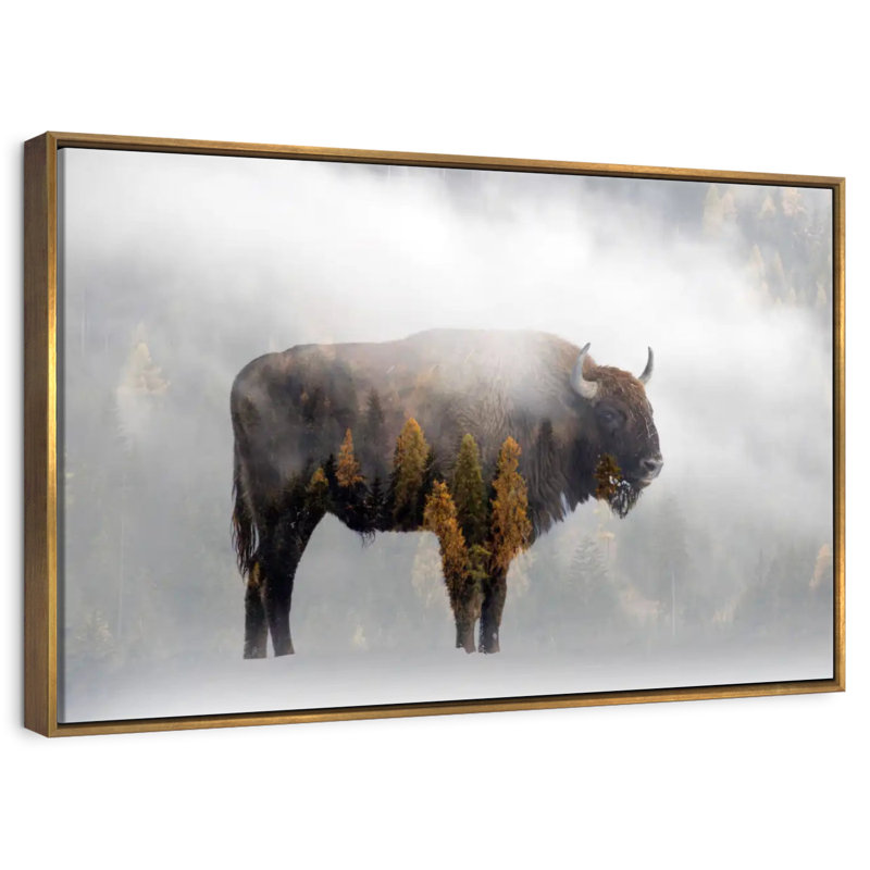Bison de la forêt de pins, Cadre flottant doré, 13 po x 9 po