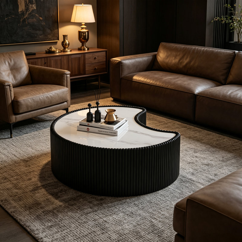 Table basse de 75 cm (29,53 po) avec dessus en pierre frittée noire pour salon, H 14,96 po x l 29,53 po x P 29,53 po, Noir