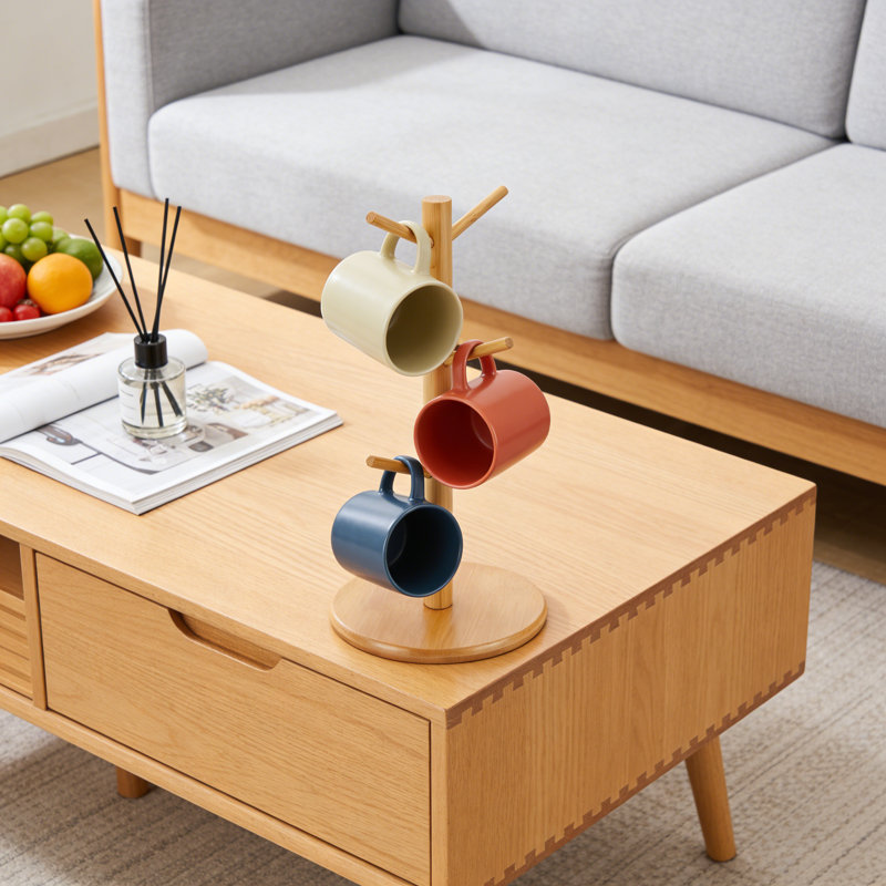 Porte-gobelet en bambou avec 6 crochets, support à tasses décoratif pour le comptoir et le séchage, base antidérapante pour l'organisation de la cuisine