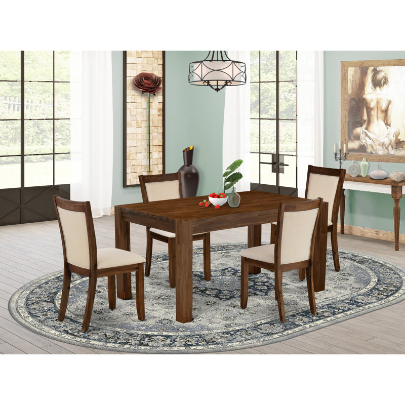 L'ensemble de salle à manger 5 pièces comprend une table de salle à manger rectangulaire en bois rustique et 4 chaises rembourrées en tissu de lin beige clair, noyer