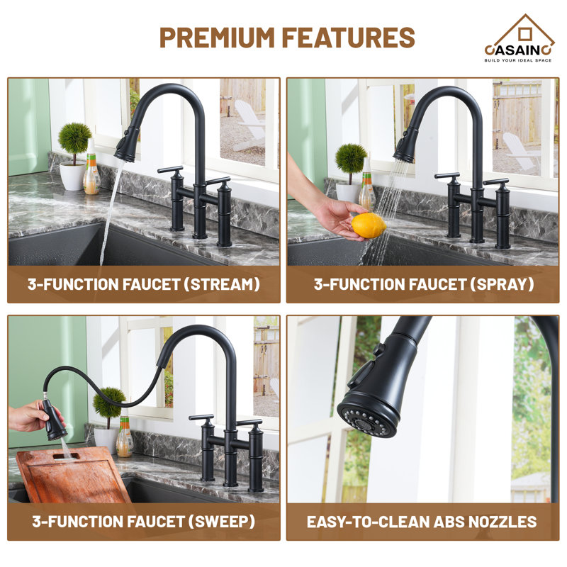 Matte Black Stainless Steel Bridge Kitchen Faucet with Pull-out Spray