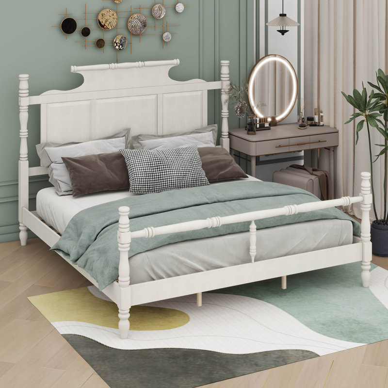 Cadre de lit très grand Mid-Century avec 4 affiches, Blanc rétro
