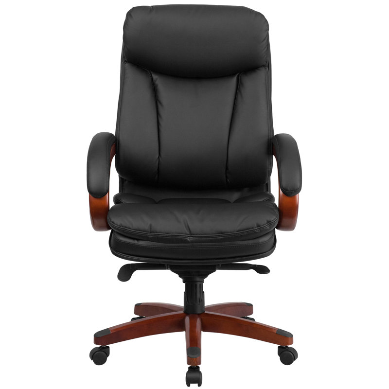 High Back Black Leather Executive Swivel Office Chair with Mahogany Wood Base