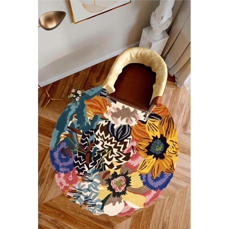 Biborka Yellow Floral Digital Print Cotton Polyester Non-Slip Area Rug, Rond 3 pi 3 po