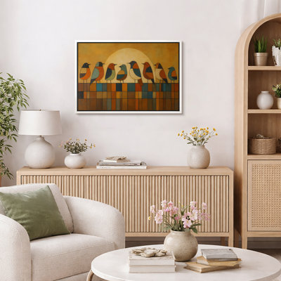 «Mid-Century Style Birds on Fence Abstract Nature Scene», reproduction d'art sur toile encadrée