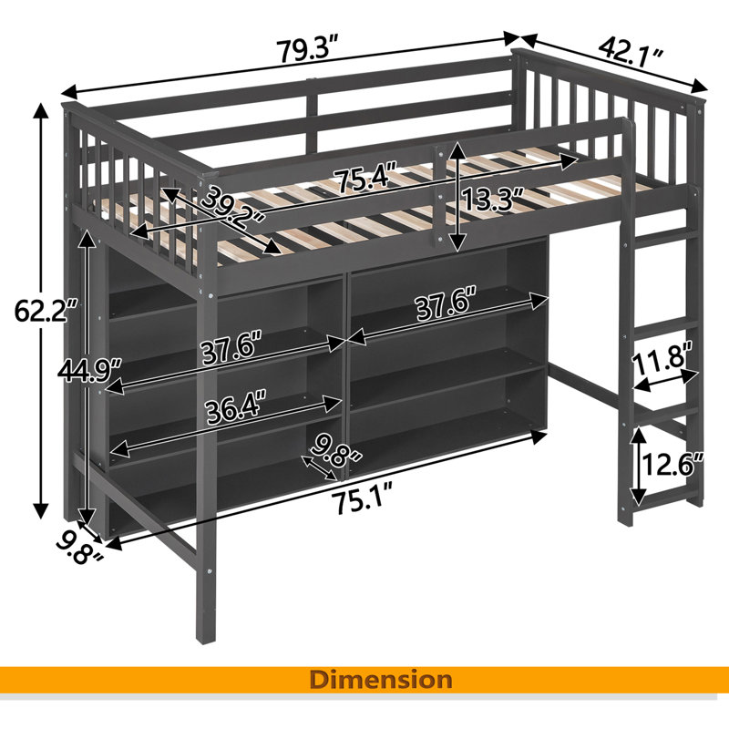 Loft Bed With 8 Open Storage Shelves And Built-In Ladder