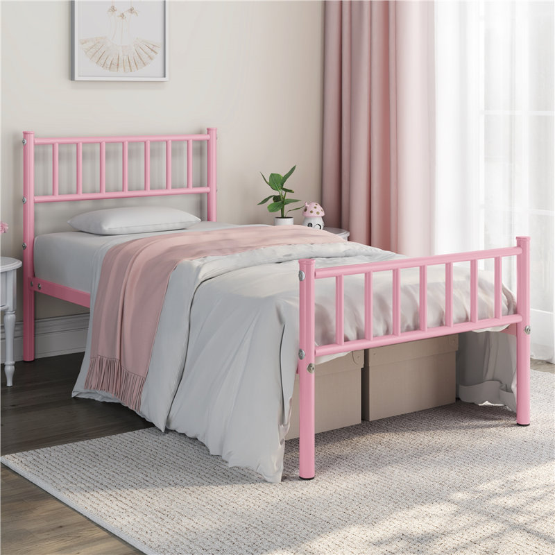 Minimalist Metal Bed Frame with Slatted Headboard, Single (3'), Pink