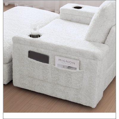 Oversized Chaise Lounge Indoor,Faux Rabbit Fur Sofa Bed with Storage Ottoman and Armrests,Cup Holders,Upholstered Sleeper Chair,Reading Couch with Dee by Ivy Bronx