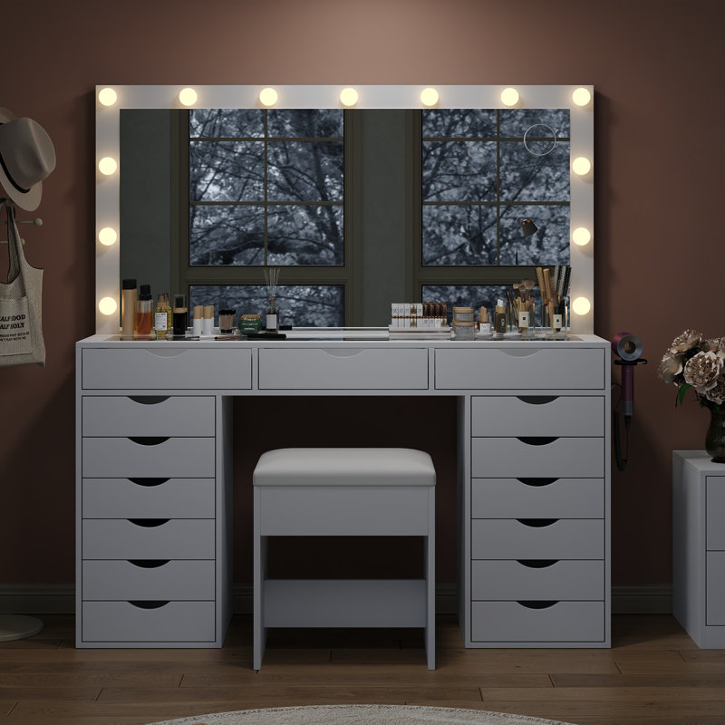 Dressing Table with LED Mirror, 15 Drawers, Power Outlet, Glass Top, 3 Lighting Modes, Stool, White