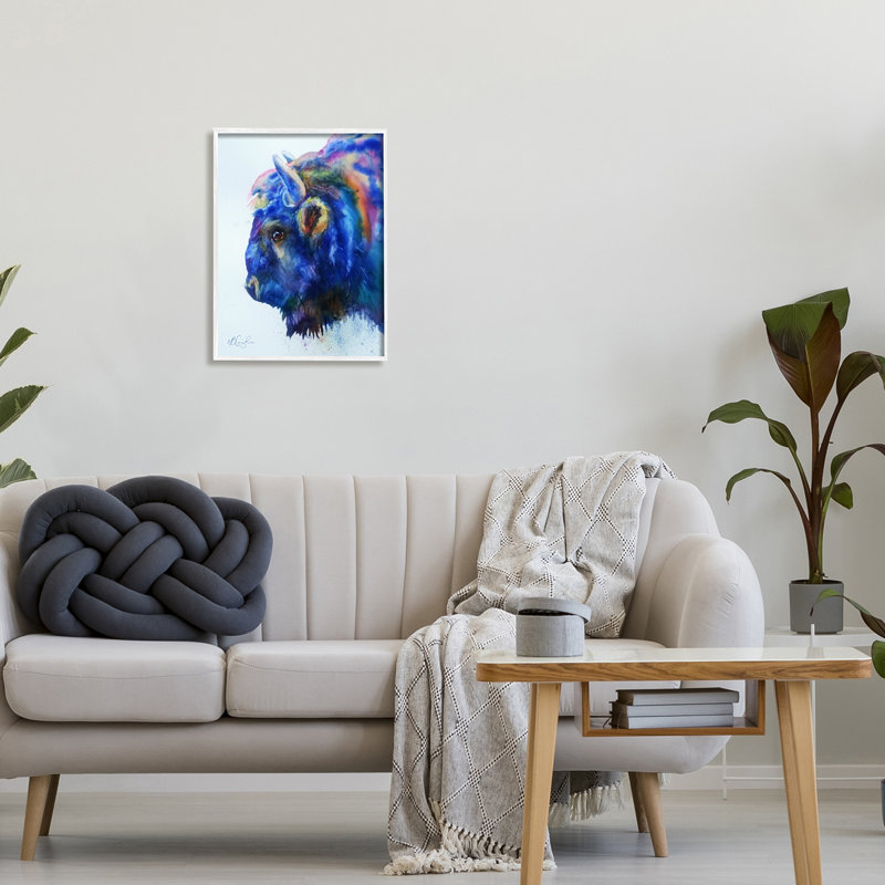 Vibrant Blue Bison Painting with White Wood Frame, 16x20