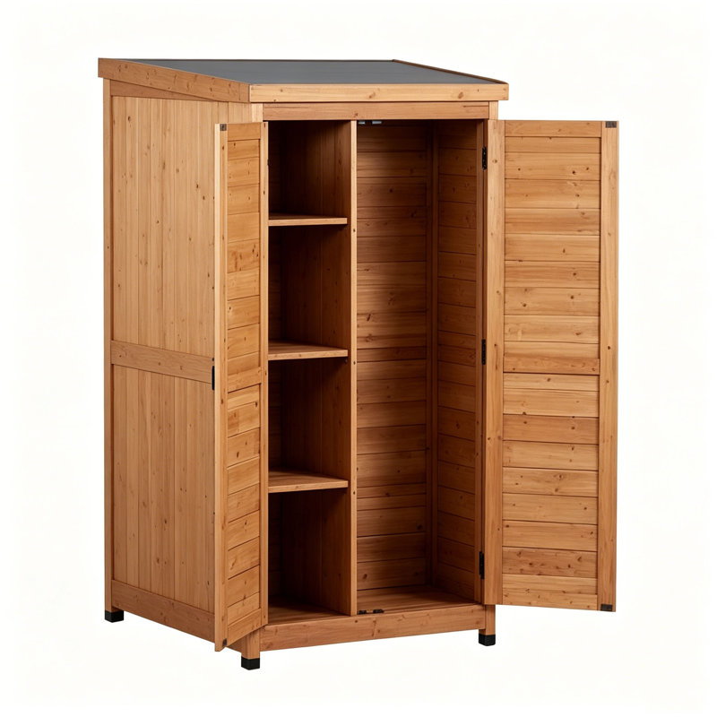 Armoire de rangement verticale extérieure en bois avec toit en métal galvanisé, remise à outils imperméable pour jardin de patio
