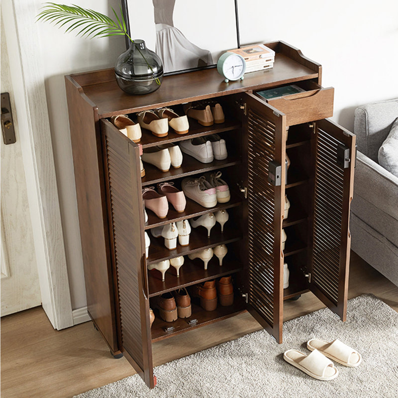 Solid Wood Shoe Cabinet With Lock And Wheels 22 Pair Solid Wood Shoe Storage Cabinet, Tan