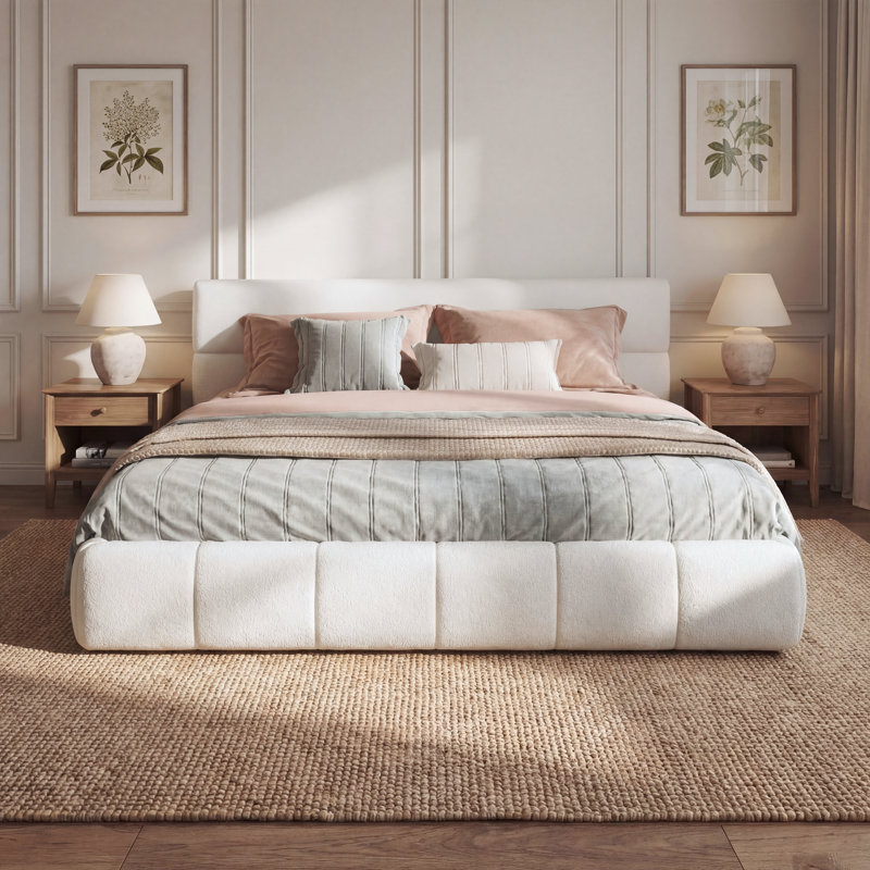 Minimalist Modern Bouclé Upholstered Platform Bed with Rounded Cloud Silhouette, King