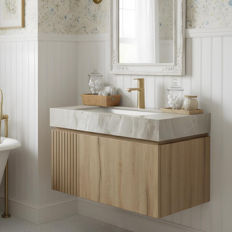 Meuble-lavabo 30 po avec tiroirs et lavabo, Chêne blanc, 29", Gris clair