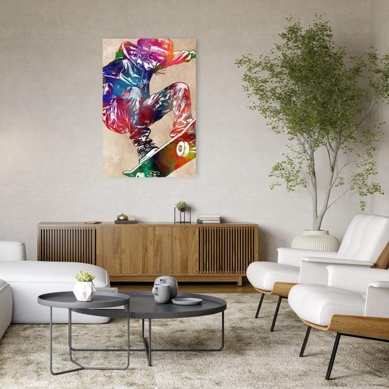 «Vibrant Skateboard Action», art mural contemporain, H 48 po x l 32 po