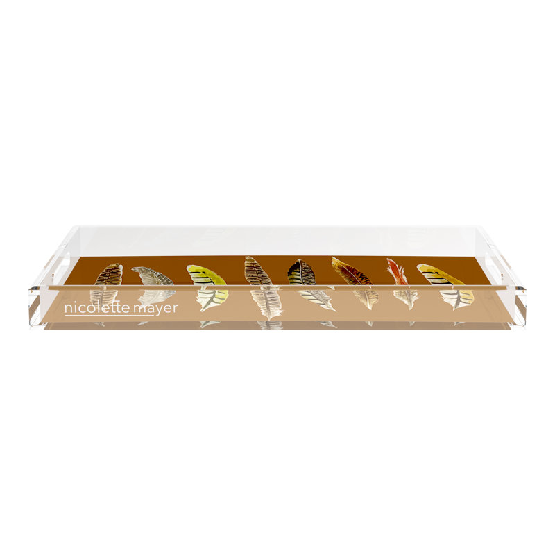 Pheasant Feathers Acrylic Rectangle Decorative Tray, Brown, 22.5"W x 14.5"D x 2"H