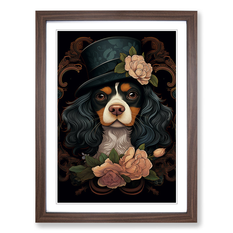 Cavalier King Charles Spaniel Art Deco No.3 - Single Picture Frame Print on Wood, 46cm H x 34cm W x 2cm D, Walnut