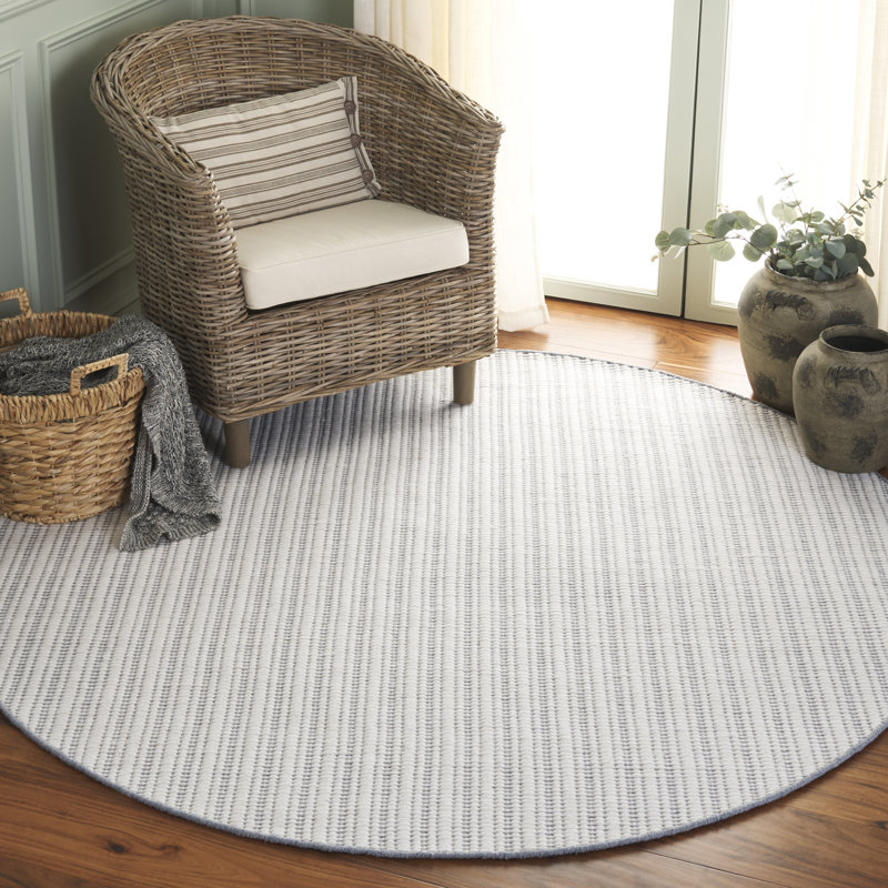 909 Hand Woven Cotton/Wool Striped Rug , Round 6', Gray/Ivory