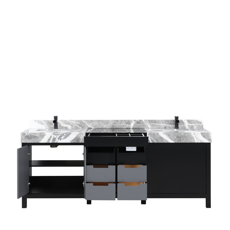 Zilara 84" Double Vanity with Castle Gray Marble Top and Black Faucet