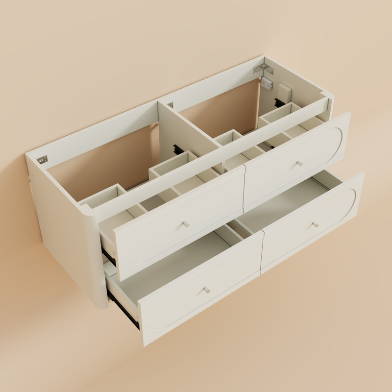 Base de meuble-lavabo mural double 48 po seulement, conception épurée et bords arrondis, Beige