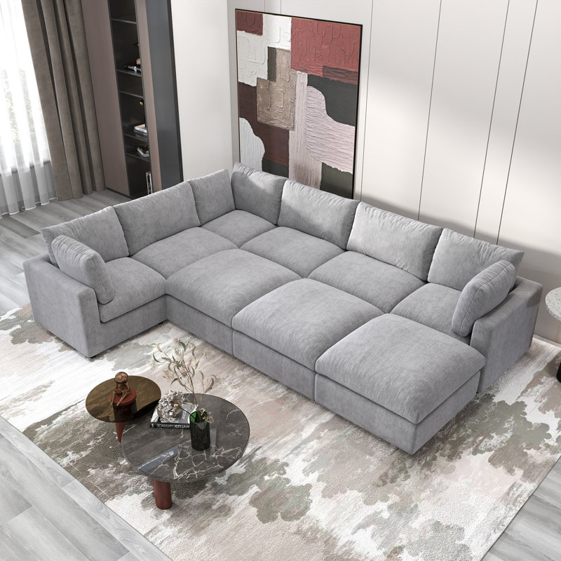 Kessi 9-Piece Upholstered Modern Chenille Fabric Modular Sectional Sofa With Ottoman, Light Gray 
