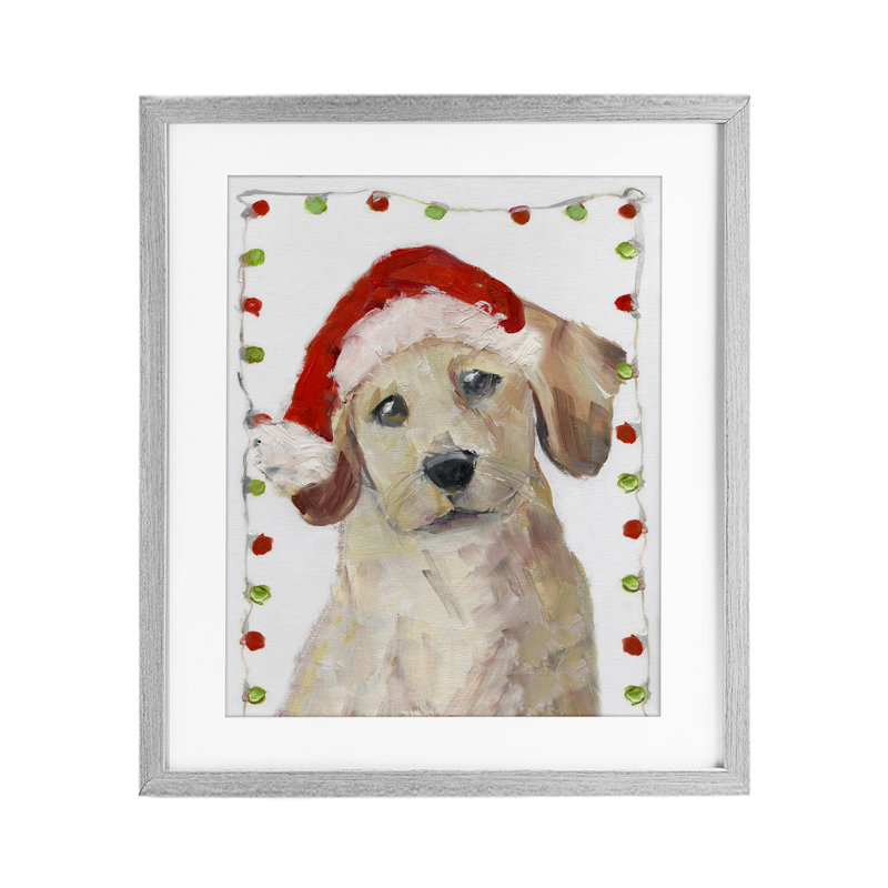 «Santa Paws Pup», reproduction sous verre, conception de Sally Swatland, H 21 po x l 17 po, Cadre de ferme gris