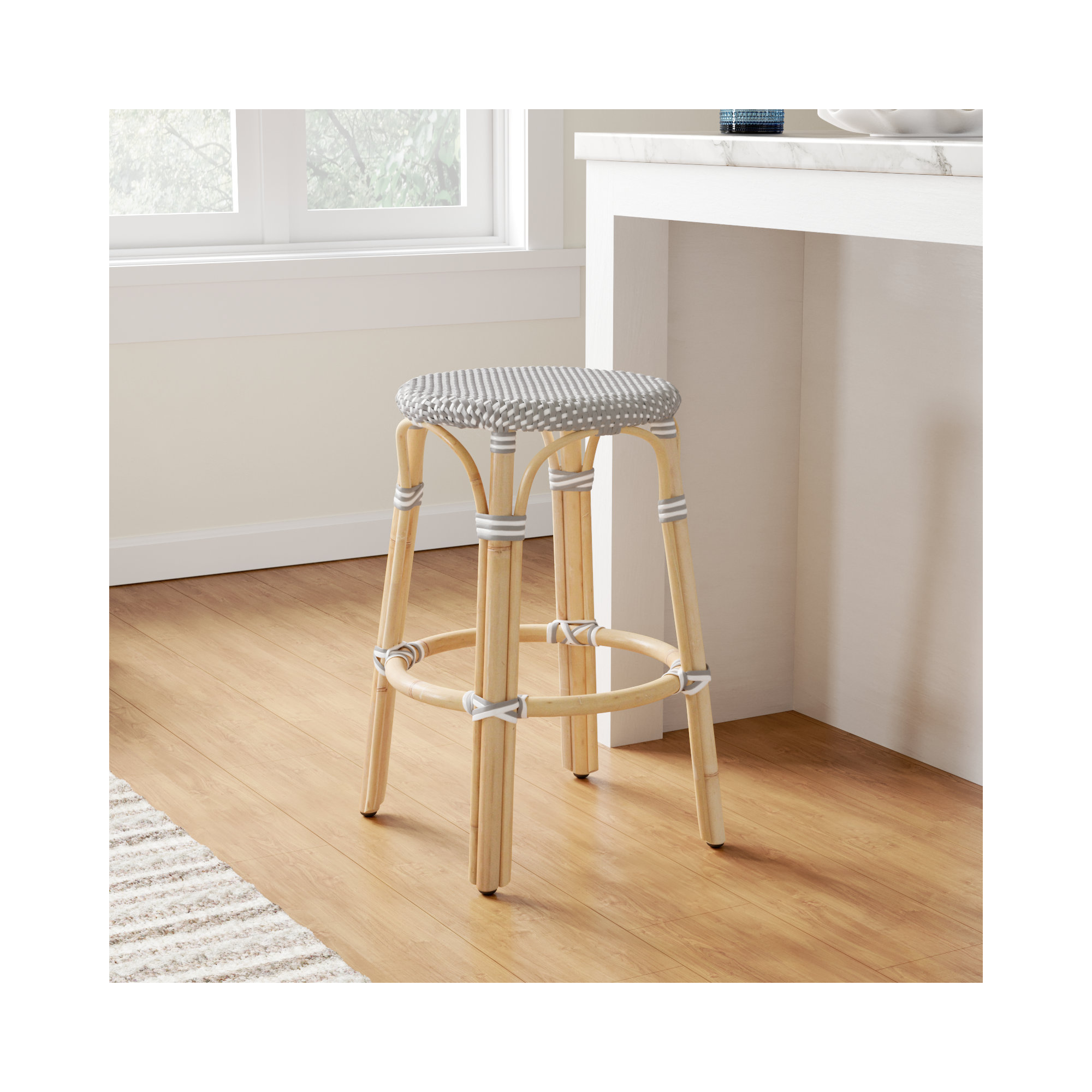 Alastair Bar & Counter Stool, Gray/White Dot/Natural Rattan Frame, Counter Stool (24" Seat Height)