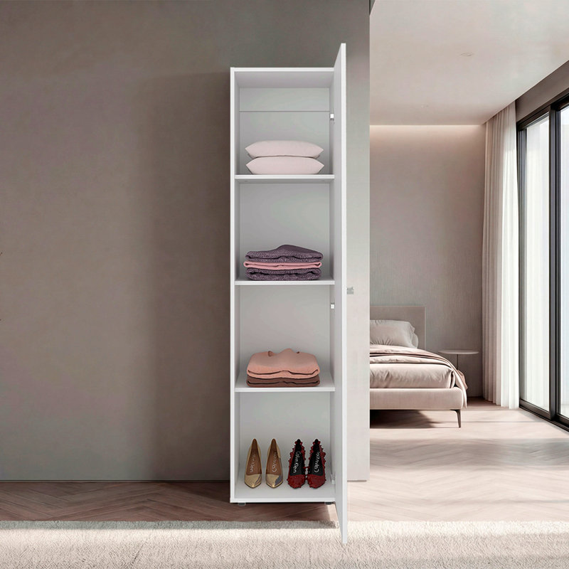 Armoire de rangement avec miroir et porte sur 4 tablettes S baie, blanc, design moderne, Blanc