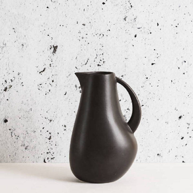 Handmade Black Stoneware Pitcher with Curved Handle