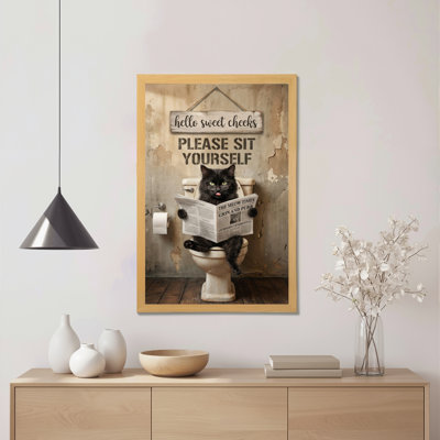 Black Cat Reading Newspaper On Toilet Canvas Wrapped Wall Art Oil Painting Print With Vintage Rustic Style For Bathroom Decor