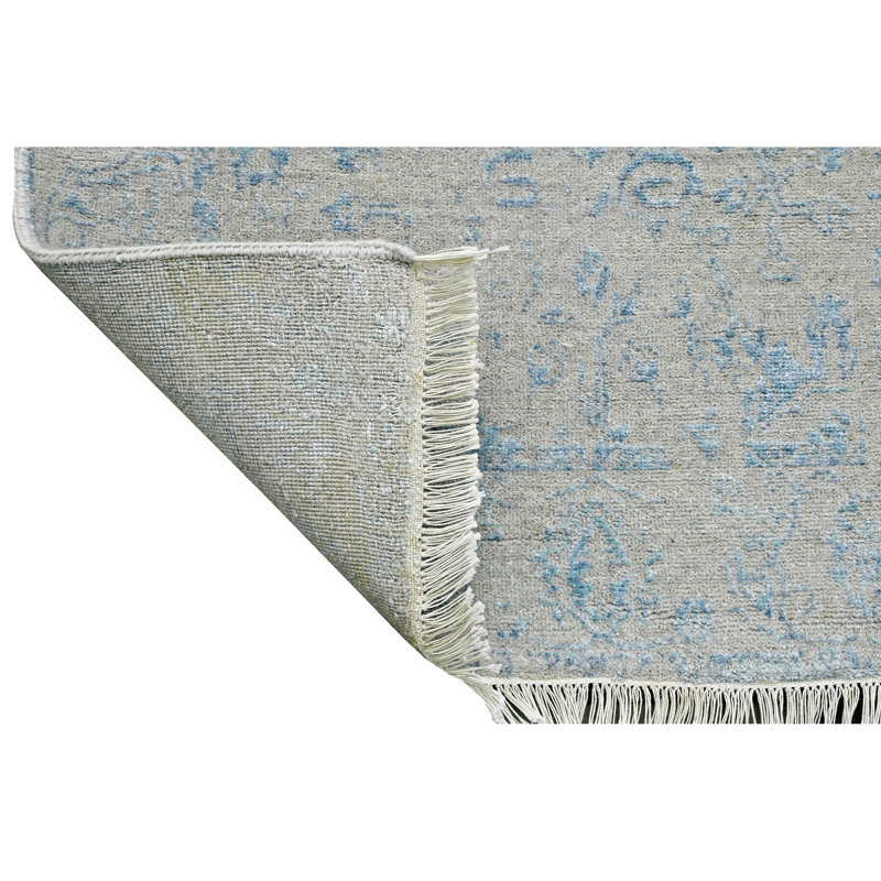 Tapis argenté et turquoise noué à la main de haute qualité