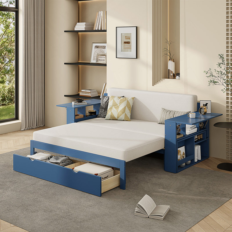 Lit de jour double avec bureau amovible, tiroirs de rangement et table d'appoint hydraulique pour une vie polyvalente, Bleu
