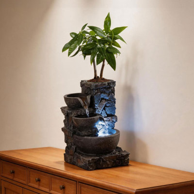 Indoor Tabletop Water Fountain with Planter Pot, Small Desk Waterfall with Cool LED Lights, Zen Decor for Office, Home & Bedroom, Calming Meditation Relaxation Gifts for Plant Lovers