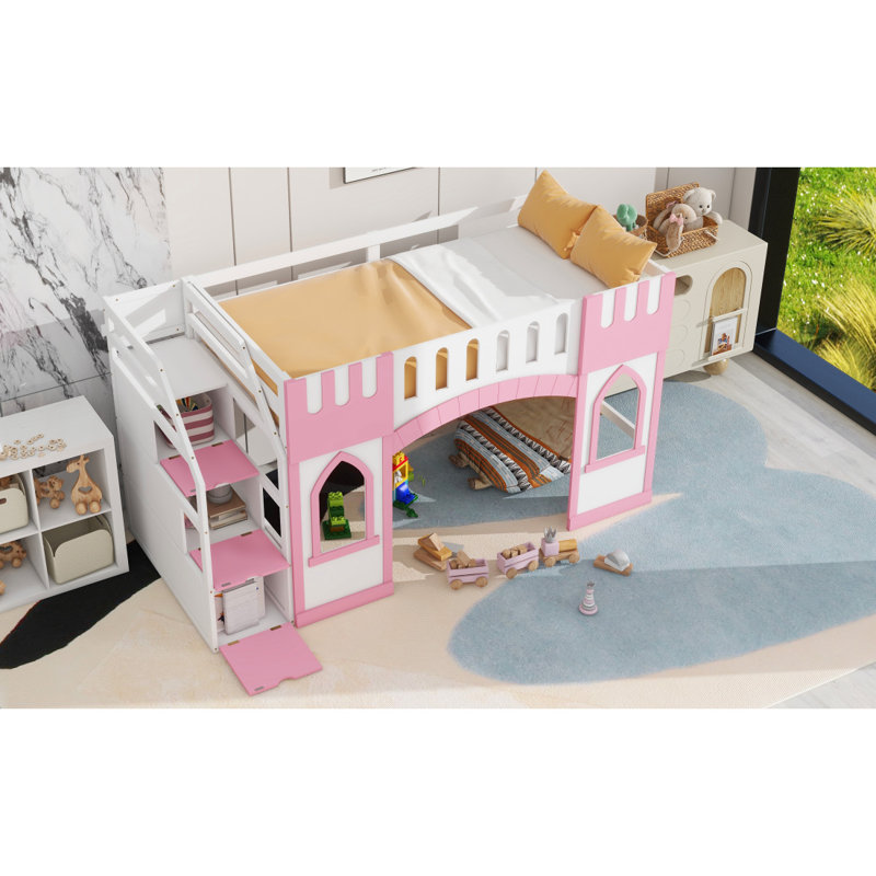 Lit mezzanine simple avec escalier de rangement et fenêtre, rose, Rose