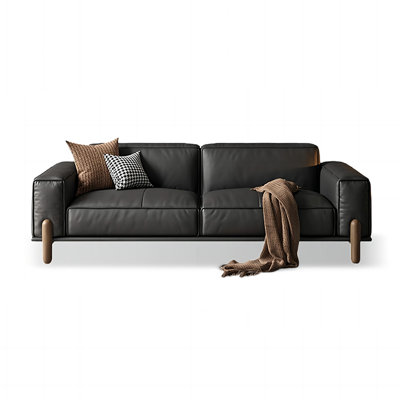 Canapé Mid-Century moderne, canapé en cuir véritable avec bois massif, canapé noir