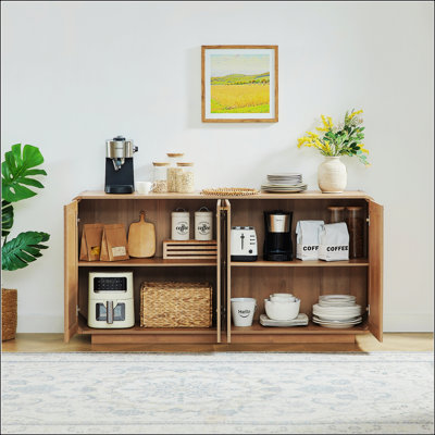 Buffet en rotin avec 4 portes, base robuste intégrée, parfait pour le salon, la cuisine et la salle à manger