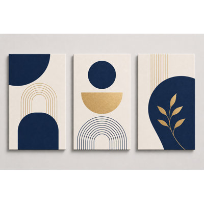 Grand ensemble de 3 reproductions d'art sur toile abstraites géométriques murales bleu marine et dorées, décor moderne pour salon, impression sur toile 16 x 24 pouces - prête à être accrochée