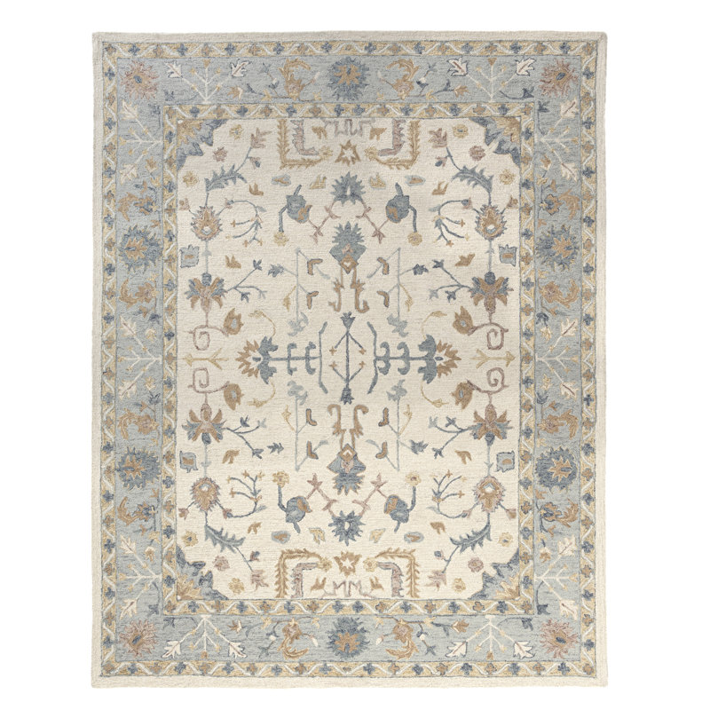 Ambrose Traditional Floral Ivory/Blue Hand-Tufted 100% Wool Indoor Area Rug, 9' x 12'
