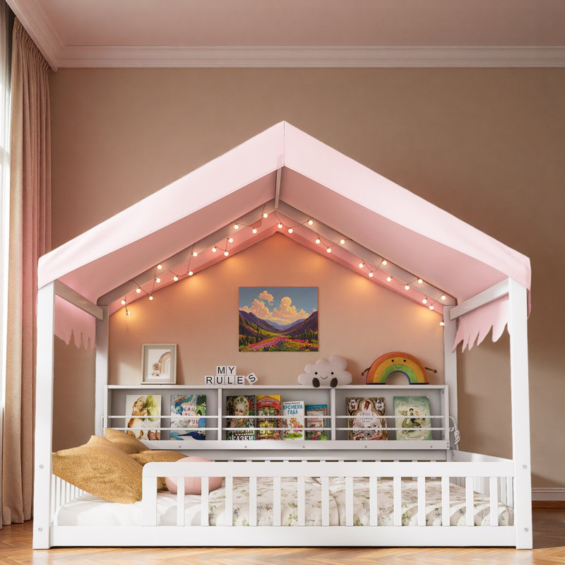 Lit en bois avec auvent, 3 étagères de rangement et lumière DEL, Blanc