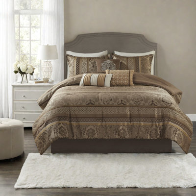 Ensemble de literie en jacquard luxueux 7 pièces en polyester brun / doré très élégant