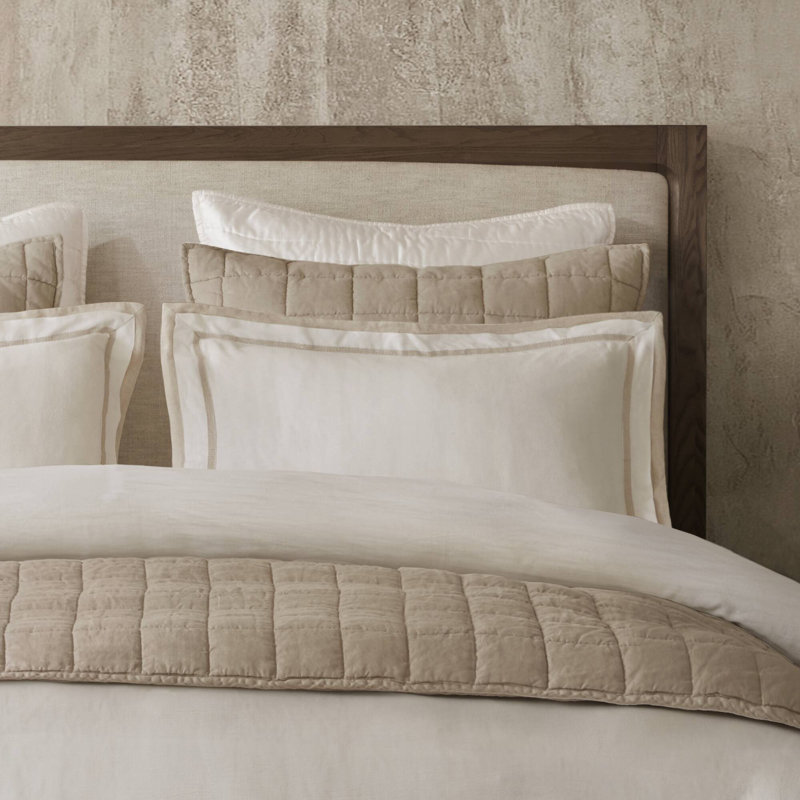 Linen Blend Double Flange Duvet Cover Set, White/Gold, King Duvet Cover + 2 King Pillow Shams