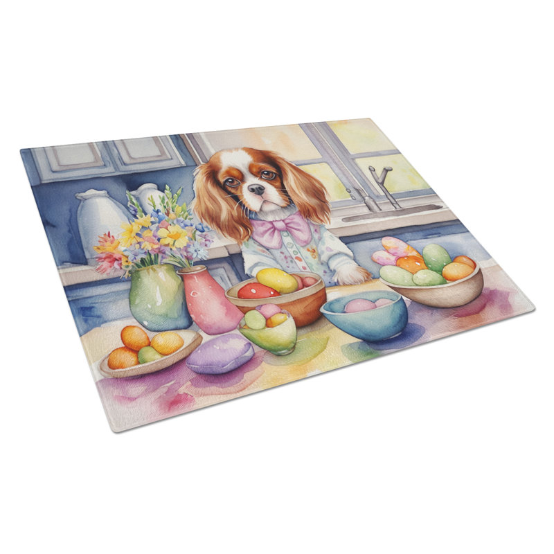Decorating Easter Cavalier Spaniel Glass Cutting Board