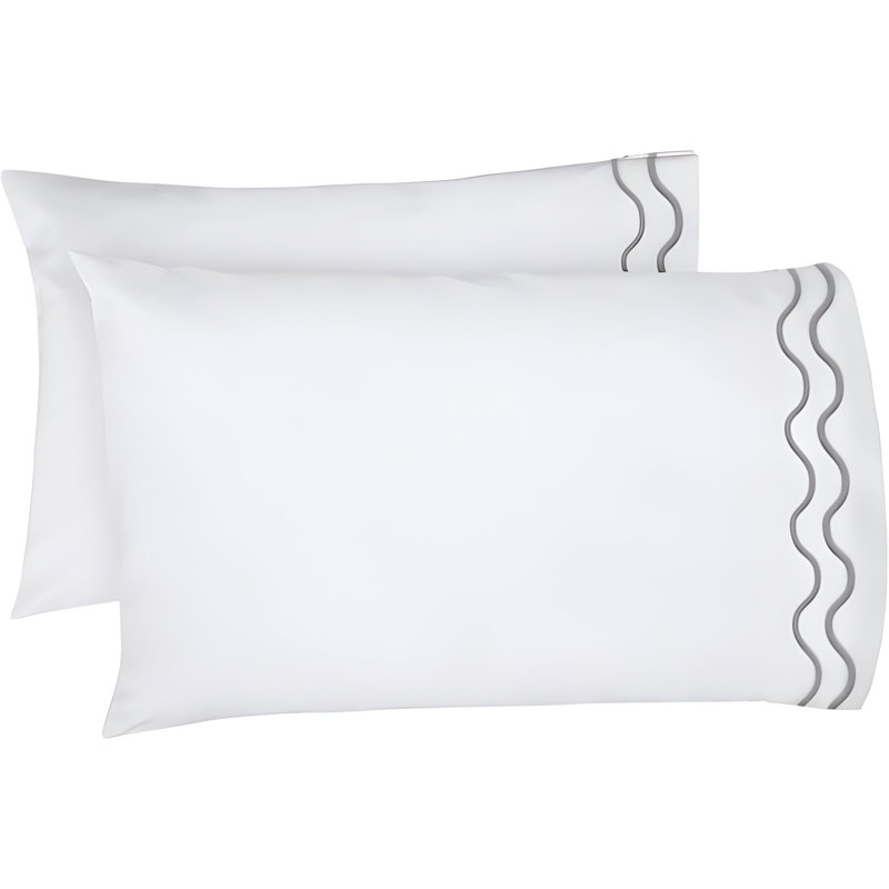 400TC Double Wavy Embroidered Cotton Pillowcases (Set Of 2), White/Dark Grey, 20"H x 30"W