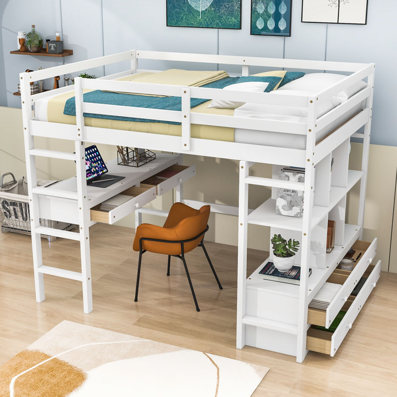 Genina Kids Full Loft Bed with Drawers, White