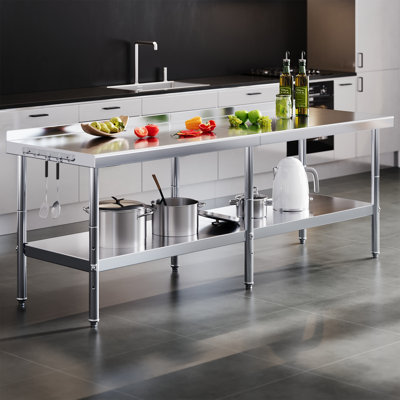 30x96in Stainless Steel Prep Table with Backsplash & Adjustable Undershelf, NSF-Certified Work Table for Kitchen, Restaurant, Garage, Includes Hooks