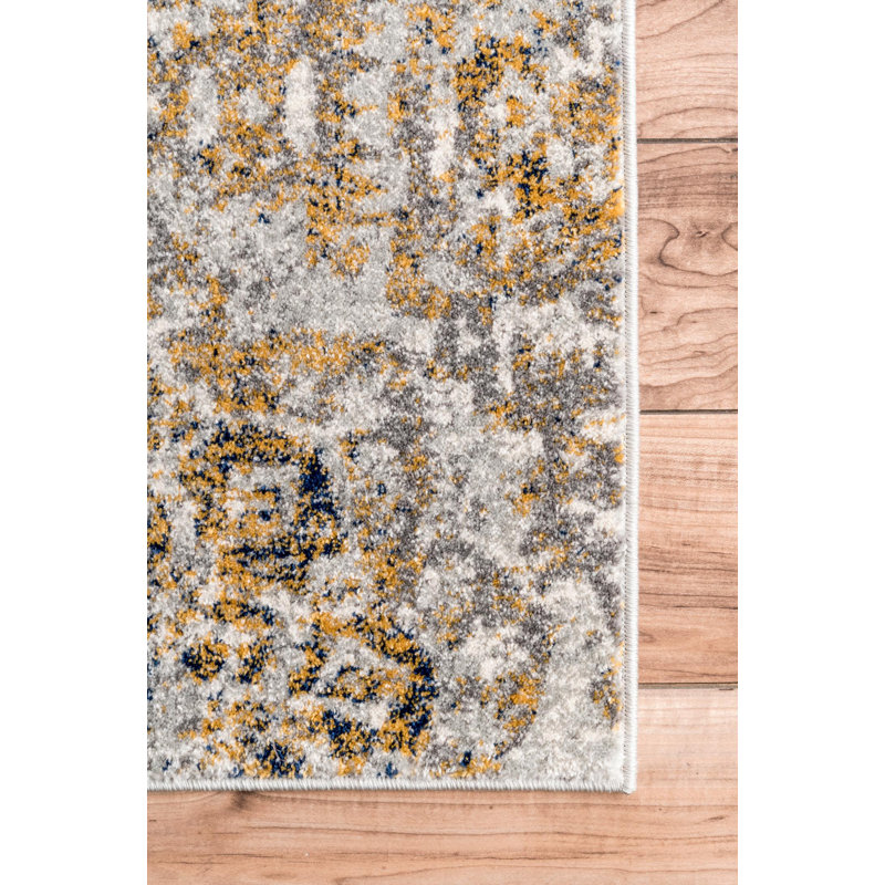 Tapis performance gris et or décoloré à motif de rosette Muscato, Tapis de couloir 2 pi 8 po x 8 pi