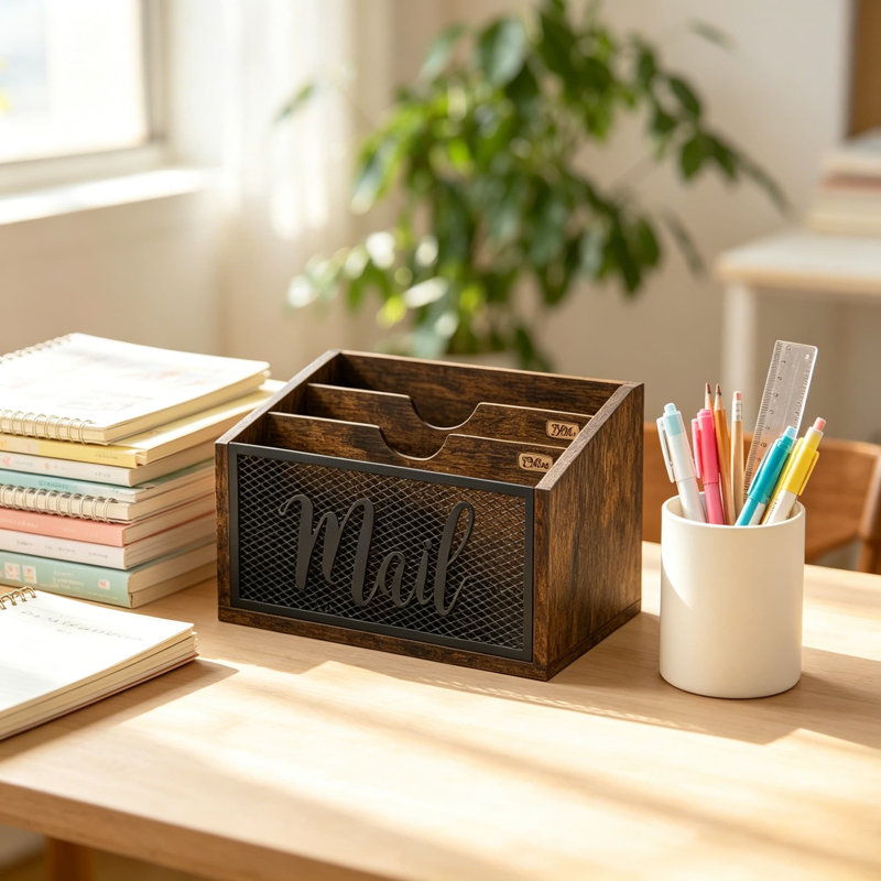 Comptoir organisateur de courrier, support de courrier pour bureau, panier de courrier de bureau avec trois fentes, trieur de courrier mural, organisateurs de bureau et accessoires pour classeur, brun rustique