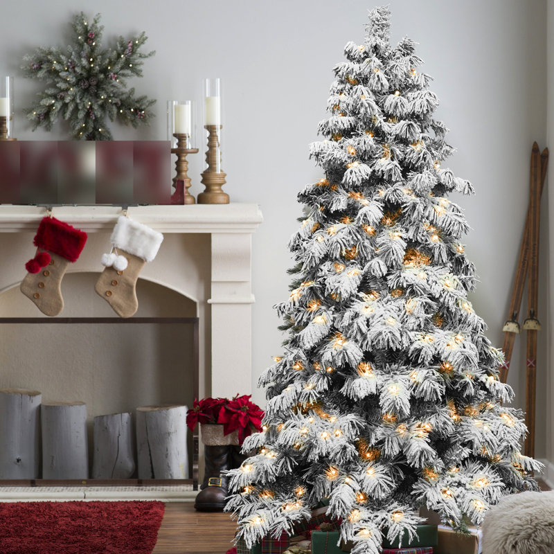 Arbre de Noël en flocage de 5 pi avec maquillage d'épouvantail, 200 composants d'éclairage blanc chaud, 375 fils de mémoire, conception à charnières facile à assembler, base en métal élégante avec fonctionnalité, dispositifs, conseils, connexion rapide
