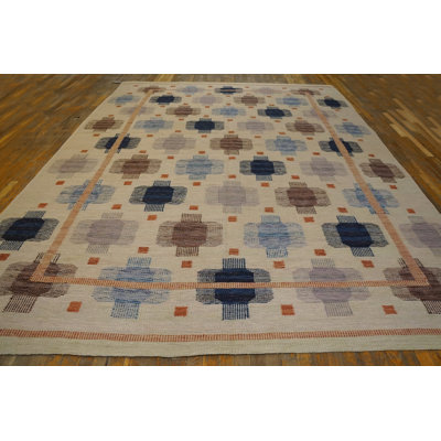Tapis unique en laine noué à la main brun / bleu marine / rose de 9 pi x 12 pi