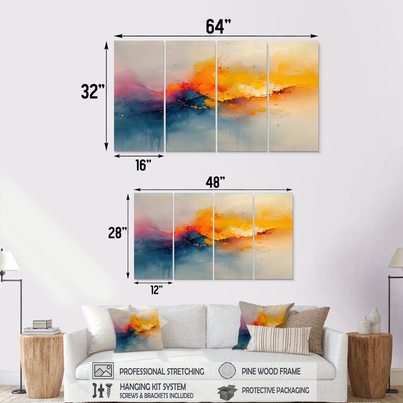 «Dream Yellow Blue Coastal Waves Turbulence I» - art mural, ensemble d'art mural moderne, H 28 po x l 48 po, 4
